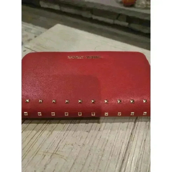 Badgley Mischka Women's Red Studded Zip-Around Wallet - Picture 4 of 11